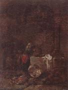 Willem Kalf A woman drawing water from a well under an arcade painting